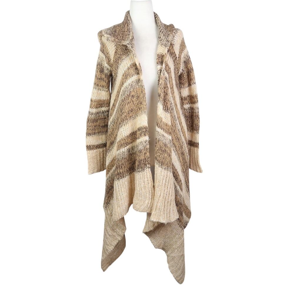Ashley by 26 International Tan Brown Stripe Knit Hooded Drape Cardigan Sweater M